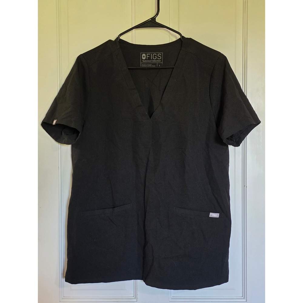 Figs Technical Collection Black V-Neck Scrub Top Women Large Short Sleeve Pocket